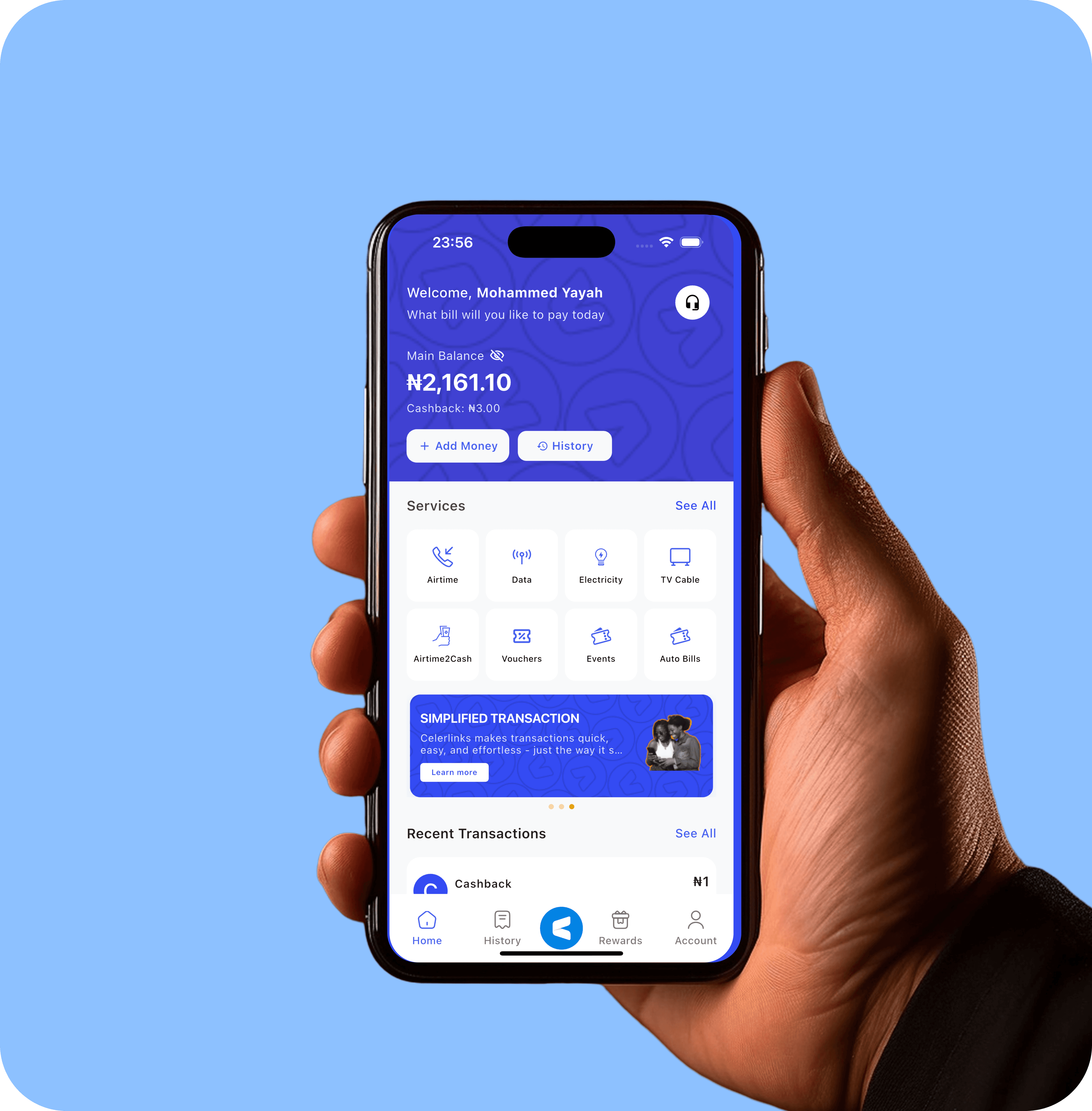 The Celerlinks mobile app showing everyday payment services